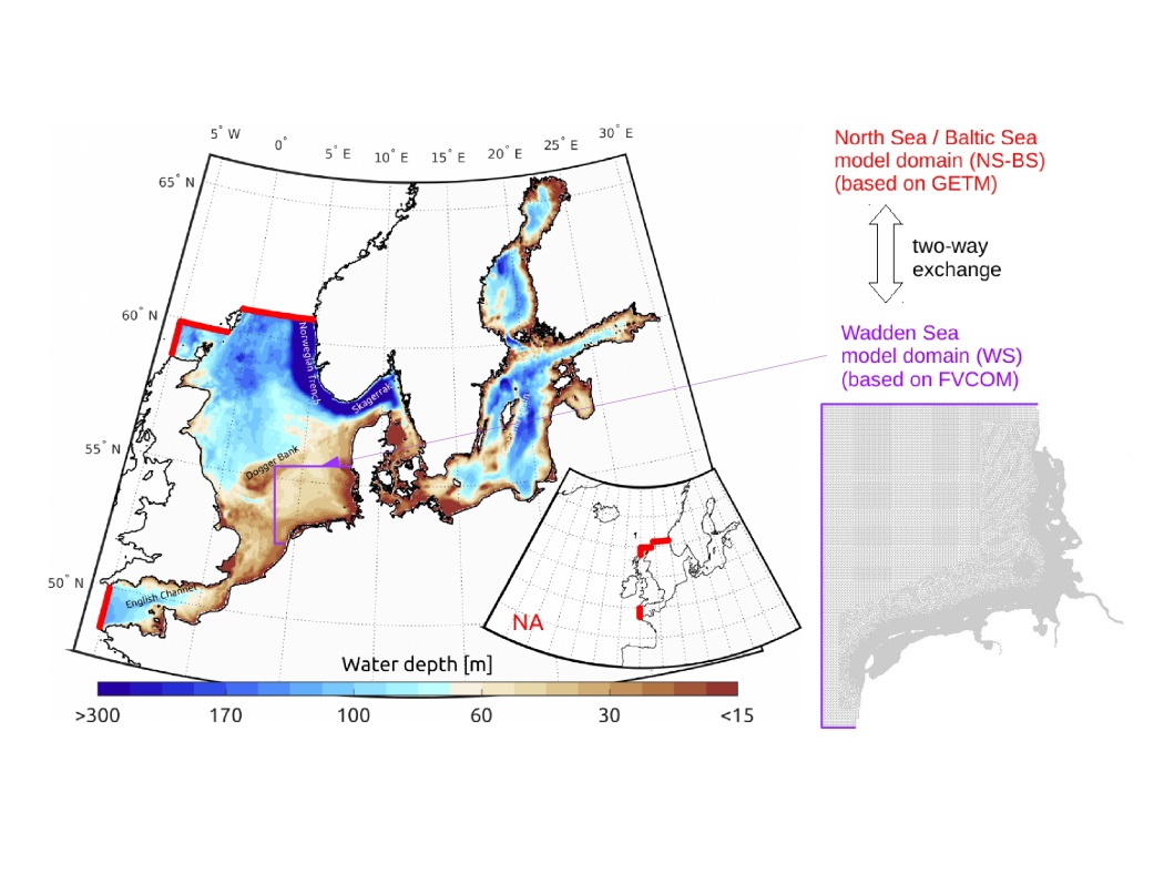 Illustration of the model domains and model bathymetry of the coupled modelling system. 